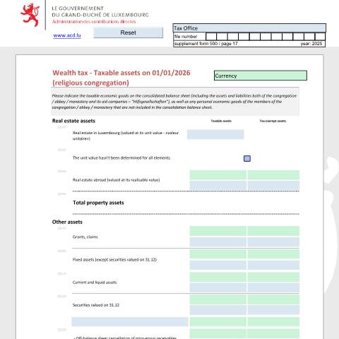 Aperçu du document Déclaration de la fortune d'une congrégation religieuse Vermögenserklärung einer religiösen Ordensgemeinschaft Net worth tax return of a religious congregation — Déclarations téléchargeables au format PDF (pour les années 2021 à 2025), Luxembourg (CERFA n°crfe)