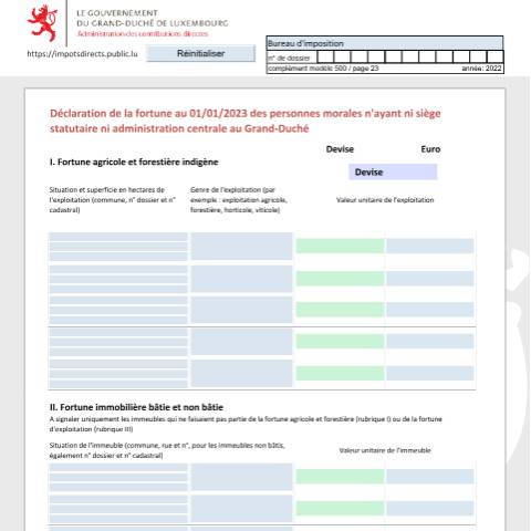 Aperçu du document Déclaration de la fortune des personnes morales n'ayant ni siège statutaire ni administration centrale au Grand-Duché Vermögenserklärung von juristischen Personen die im Großherzogtum weder ihren eingetragenen Sitz, noch ihre Hauptverwaltung haben Net worth tax return of legal persons that have neit — Déclarations téléchargeables au format PDF (pour les années 2021 à 2025), Luxembourg (CERFA n°nrf-f)