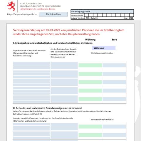 Aperçu du document Déclaration de la fortune des personnes morales n'ayant ni siège statutaire ni administration centrale au Grand-Duché Vermögenserklärung von juristischen Personen die im Großherzogtum weder ihren eingetragenen Sitz, noch ihre Hauptverwaltung haben Net worth tax return of legal persons that have neit — Déclarations téléchargeables au format PDF (pour les années 2021 à 2025), Luxembourg (CERFA n°nrf-d)