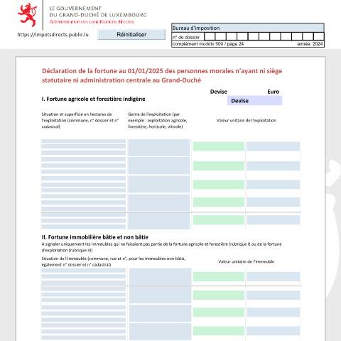 Aperçu du document Déclaration de la fortune des personnes morales n'ayant ni siège statutaire ni administration centrale au Grand-Duché Vermögenserklärung von juristischen Personen die im Großherzogtum weder ihren eingetragenen Sitz, noch ihre Hauptverwaltung haben Net worth tax return of legal persons that have neit — Déclarations téléchargeables au format PDF (pour les années 2021 à 2025), Luxembourg (CERFA n°nrf-f)