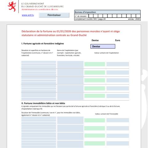 Aperçu du document Déclaration de la fortune des personnes morales n'ayant ni siège statutaire ni administration centrale au Grand-Duché Vermögenserklärung von juristischen Personen die im Großherzogtum weder ihren eingetragenen Sitz, noch ihre Hauptverwaltung haben Net worth tax return of legal persons that have neit — Déclarations téléchargeables au format PDF (pour les années 2021 à 2025), Luxembourg (CERFA n°nrff)