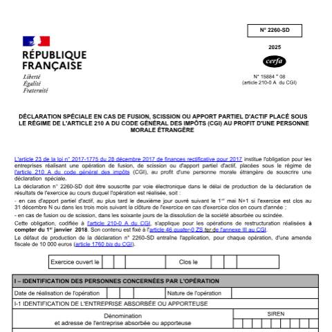 Aperçu du document Déclaration spéciale en cas de fusion, scission ou apport partiel d'actif (article 210 A du CGI) au profit d'une personne morale étrangère — Professionnels, France (CERFA n°15884)