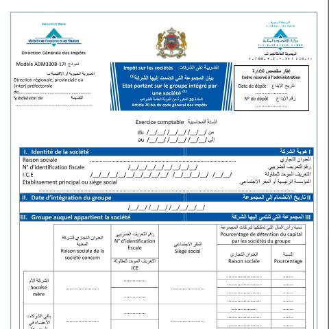 Aperçu du document Impôt sur les sociétés - Etat portant sur le groupe intégré par une société — Impôt sur les sociétés, Maroc (CERFA n°ADM330B-17I)