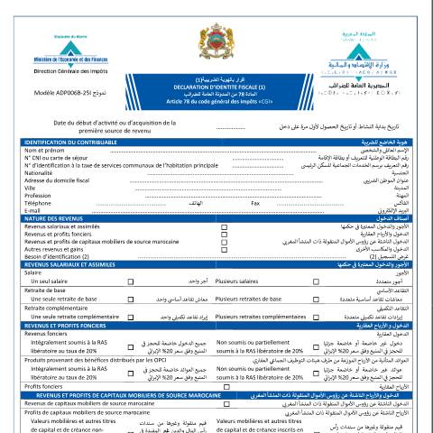 Aperçu du document Déclaration d'identité fiscale — Impôt sur le revenu, Maroc (CERFA n°ADP006B-25I)
