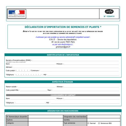 Aperçu du document Déclaration d'importation de semences et plants — Professionnels, France (CERFA n°15564*01)
