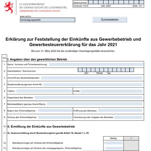 Aperçu du document Erklärung zur Ermittlung der Einkünfte aus Gewerbebetrieb und Gewerbesteuererklärung — Impôt commercial, Luxembourg (CERFA n°110 D)