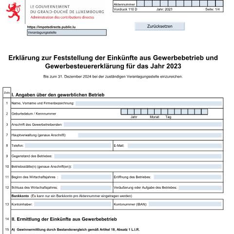 Aperçu du document Erklärung zur Ermittlung der Einkünfte aus Gewerbebetrieb und Gewerbesteuererklärung — Impôt commercial, Luxembourg (CERFA n°110 D)