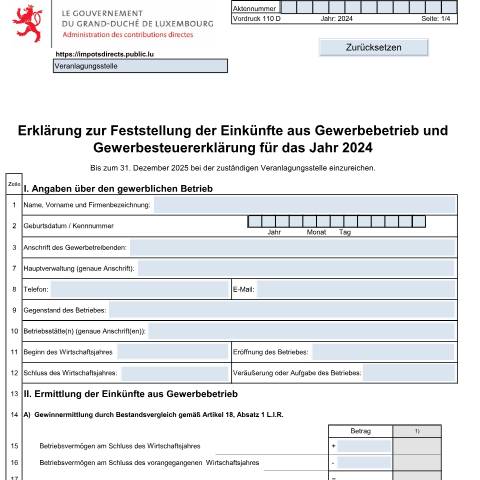Aperçu du document Erklärung zur Ermittlung der Einkünfte aus Gewerbebetrieb und Gewerbesteuererklärung — Impôt commercial, Luxembourg (CERFA n°110 D)