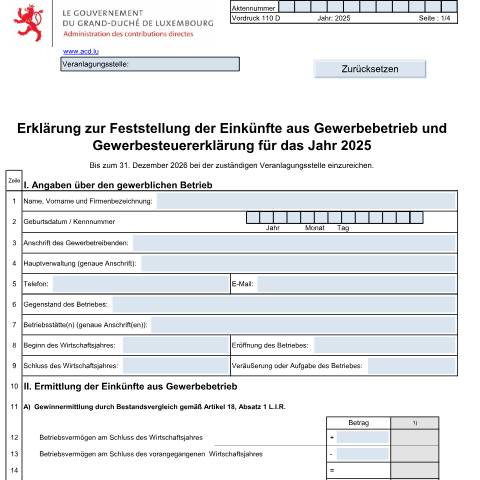 Aperçu du document Erklärung zur Ermittlung der Einkünfte aus Gewerbebetrieb und Gewerbesteuererklärung — Impôt commercial, Luxembourg (CERFA n°110 D)