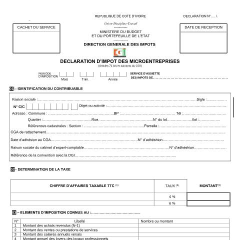 Aperçu du document 11 DECLARATION DE LIMPOT DES MICROENTREPRISES — Imprimé / Formulaire fiscal, Côte d'Ivoire