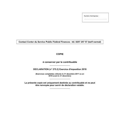 Aperçu du document Déclaration à l'impôt des non-résidents-sociétés - exercice d'imposition 2018 (PDF, 342.9 Ko) — SPF Finances, Belgique (CERFA n°121-275-2-declaration-2018)