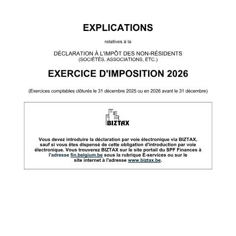 Aperçu du document Explications relatives à la déclaration à l'impôt des non-résidents-sociétés - exercice d'imposition 2026 (PDF, 733.58 Ko) — Documents, Belgique (CERFA n°121-declaration-inr-soc-explications-2026)