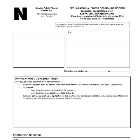 Aperçu du document Déclaration à l'impôt des non-résidents-sociétés - exercice d'imposition 2019 (PDF, 249.65 Ko) — SPF Finances, Belgique (CERFA n°121-275-2-declaration-2019)