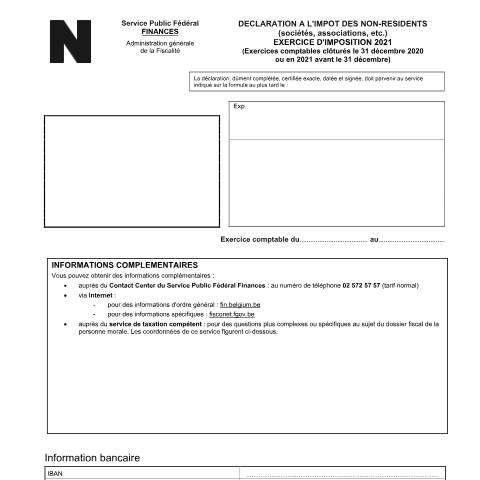 Aperçu du document Déclaration à l'impôt des non-résidents-sociétés - exercice d'imposition 2021 (PDF, 2.25 Mo) — SPF Finances, Belgique (CERFA n°121-declaration-inr-soc-2021)