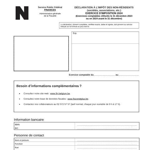 Aperçu du document Déclaration à l'impôt des non-résidents-sociétés - exercice d'imposition 2024 (PDF, 445.19 Ko) — SPF Finances, Belgique (CERFA n°121-declaration-inr-soc-2024)