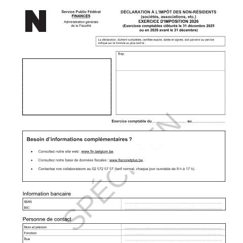 Aperçu du document Déclaration à l'impôt des non-résidents-sociétés - exercice d'imposition 2026 (PDF, 575.55 Ko) — Documents, Belgique (CERFA n°121-declaration-inr-soc-2026)