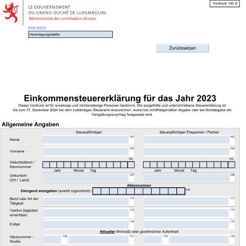 Aperçu du document Einkommensteuererklärung des Jahres N im PDF-Format zum Download LuxTrust Benutzer können die Erklärung elektronisch im PDF Format über MyGuichet.lu zustellen — Impôt sur le revenu, Luxembourg (CERFA n°100 D)