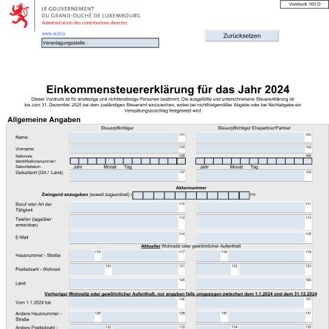 Aperçu du document Einkommensteuererklärung des Jahres N im PDF-Format zum Download LuxTrust Benutzer können die Erklärung elektronisch im PDF Format über MyGuichet.lu zustellen — Impôt sur le revenu, Luxembourg (CERFA n°100 D)