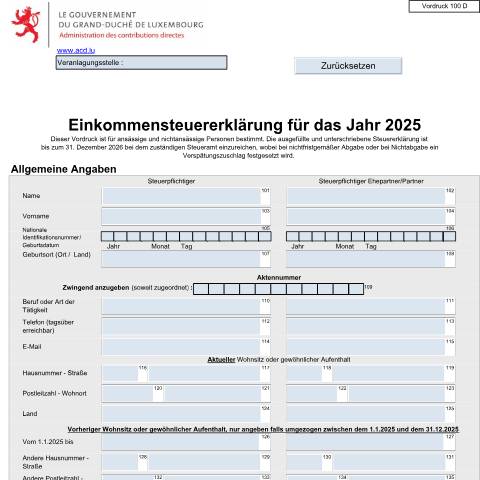 Aperçu du document Einkommensteuererklärung des Jahres N im PDF-Format zum Download LuxTrust Benutzer können die Erklärung elektronisch im PDF Format über MyGuichet.lu zustellen — Impôt sur le revenu, Luxembourg (CERFA n°100 D)