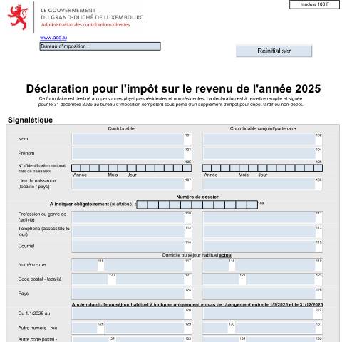 Aperçu du document Déclaration pour l'impôt sur le revenu de l'année N téléchargeable au format PDF Les utilisateurs LuxTrust peuvent faire le dépôt de la déclaration via MyGuichet.lu — Impôt sur le revenu, Luxembourg (CERFA n°100 F)