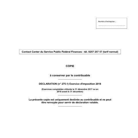 Aperçu du document Déclaration à l'impôt des sociétés - exercice d'imposition 2018 (PDF, 316.83 Ko) — SPF Finances, Belgique (CERFA n°121-275-1-declaration-2018)