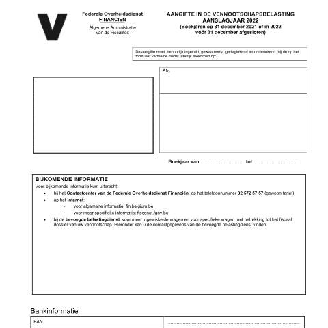 Aperçu du document Aangifte in de vennootschapsbelasting - aanslagjaar 2022 (PDF, 2.5 MB) — FOD Financiën, Belgique (CERFA n°121-aangifte-venb-2022)