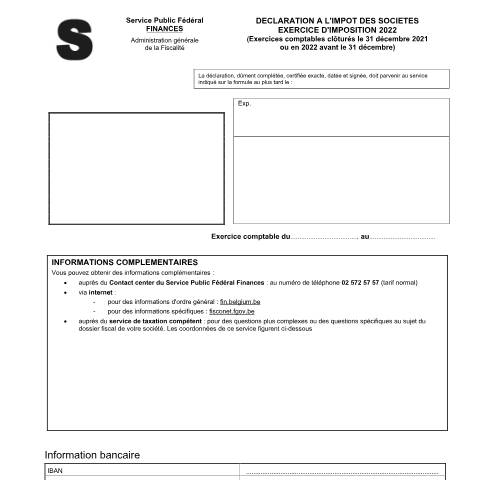 Aperçu du document Déclaration à l'impôt des sociétés - exercice d'imposition 2022 (PDF, 2.26 Mo) — SPF Finances, Belgique (CERFA n°121-declaration-isoc-2022)
