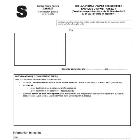 Aperçu du document Déclaration à l'impôt des sociétés - exercice d'imposition 2023 (PDF, 2.27 Mo) — SPF Finances, Belgique (CERFA n°121-declaration-isoc-2023)