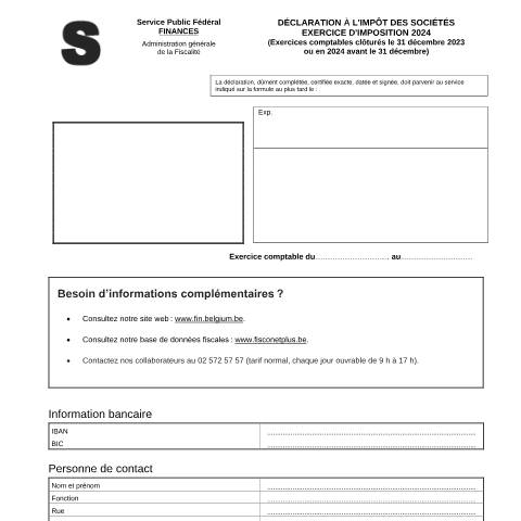Aperçu du document Déclaration à l'impôt des sociétés - exercice d'imposition 2024 (PDF, 465.99 Ko) — SPF Finances, Belgique (CERFA n°121-declaration-isoc-2024)