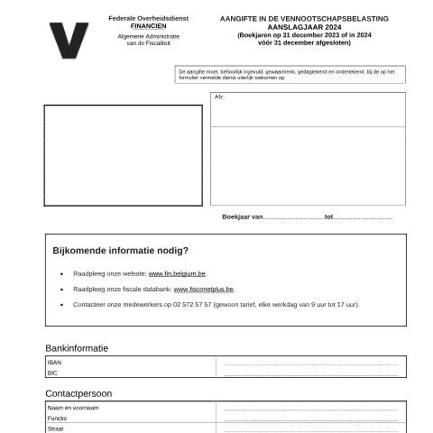 Aperçu du document Aangifte in de vennootschapsbelasting - aanslagjaar 2024 (PDF, 688.31 KB) — FOD Financiën, Belgique (CERFA n°121-aangifte-venb-2024)