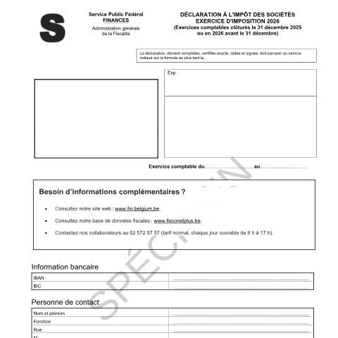 Aperçu du document Déclaration à l'impôt des sociétés - exercice d'imposition 2026 (PDF, 632.46 Ko) — Documents, Belgique (CERFA n°121-declaration-isoc-2026)