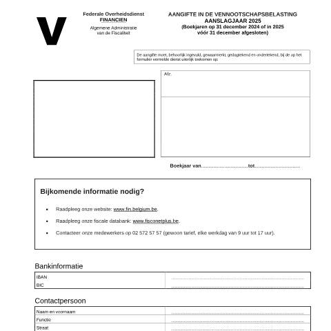 Aperçu du document Aangifte in de vennootschapsbelasting - aanslagjaar 2025 (PDF, 726.15 KB) — FOD Financiën, Belgique (CERFA n°121-aangifte-venb-2025)