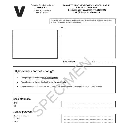 Aperçu du document Aangifte in de vennootschapsbelasting - aanslagjaar 2026 (PDF, 462.42 KB) — Documenten, Belgique (CERFA n°121-aangifte-venb-2026)