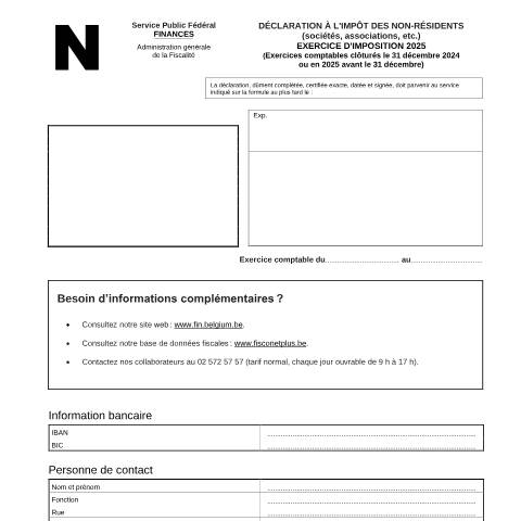 Aperçu du document Déclaration à l'impôt des non-résidents-sociétés - exercice d'imposition 2025 (PDF, 478.49 Ko) — SPF Finances, Belgique (CERFA n°121-declaration-inr-soc-2025)
