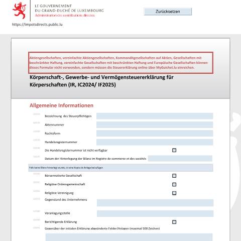 Aperçu du document Körperschaft- und Gewerbesteuererklärung des Steuerjahres und Vermögensteuererklärung des Steuerjahres N+1 — Déclarations téléchargeables au format PDF (pour les années 2021 à 2025), Luxembourg (CERFA n°500 D)