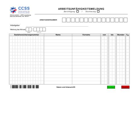 Aperçu du document de Arbeitsunfähigkeitsmeldung — Accident maladie, Luxembourg (CERFA n°ccss-formulaire-empl-incapacite-travail)