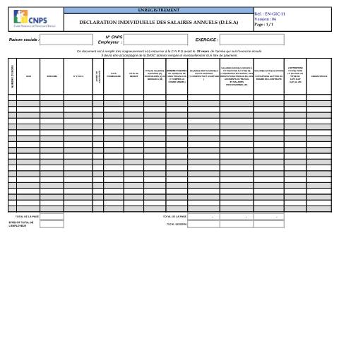 Aperçu du document DECLARATION INDIVIDUELLE DES SALAIRES ANNUELS DISA (version 04) — Document CNPS (prévoyance sociale), Côte d'Ivoire