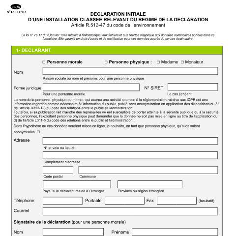 Aperçu du document Déclaration initiale d'une installation classée ICPE (Cerfa n°15271) — Professionnels, France (CERFA n°15271*03)