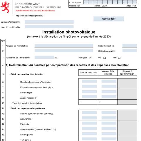 Aperçu du document Annexe: "Installation photovoltaïque" — Annexes et bonifications d'impôt, Luxembourg (CERFA n°121)