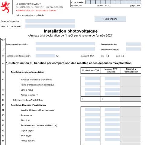 Aperçu du document Annexe: "Installation photovoltaïque" — Annexes et bonifications d'impôt, Luxembourg (CERFA n°121)