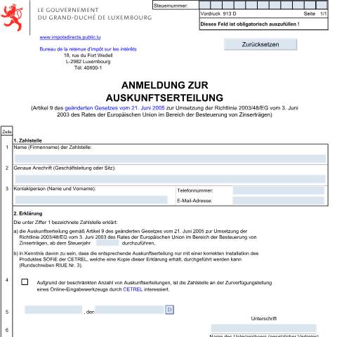 Aperçu du document de Absichtserklärung sur Auskunftserteilung - 913 — Impots, Luxembourg (CERFA n°913)