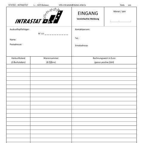 Aperçu du document de Eingang - Vereinfachte Meldung — Intrastat, Luxembourg (CERFA n°FormularEingangVereinfacht)