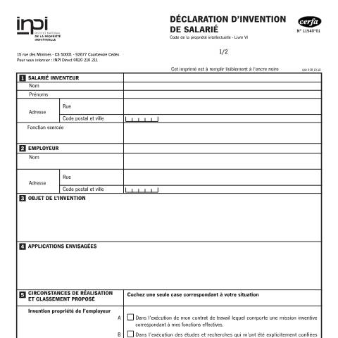 Aperçu du document Déclaration d'invention de salarié — Professionnels, France (CERFA n°11540*01)