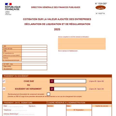 Aperçu du document Déclaration de liquidation et de régularisation de CVAE - formulaire n°1329-DEF — Professionnels, France (CERFA n°14357)
