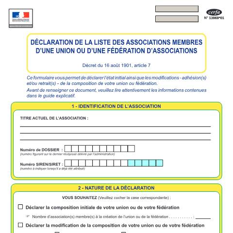 Aperçu du document Déclaration de la liste des associations membres d'une union ou d'une fédération d'associations (formulaire) — Particuliers, France (CERFA n°13969*01)