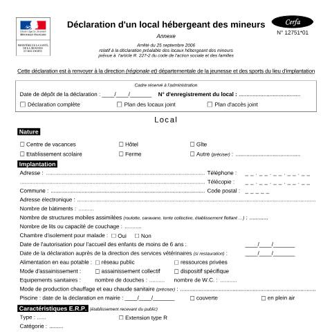 Aperçu du document Déclaration d'un local hébergeant des mineurs — Particuliers, France (CERFA n°12751*01)