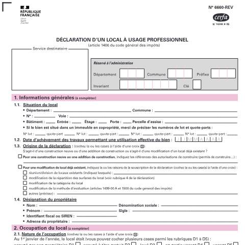 Aperçu du document Déclaration d'un local à usage commercial ou professionnel (formulaire n° 6660-REV) — Particuliers, France (CERFA n°14248*06)