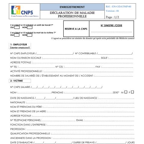 Aperçu du document DECLARATION MALADIE PROFESSIONNELLE — Document CNPS (prévoyance sociale), Côte d'Ivoire