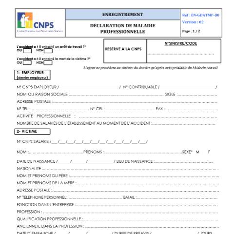 Aperçu du document DECLARATION MALADIE PROFESSIONNELLE (version 02) — Document CNPS (prévoyance sociale), Côte d'Ivoire
