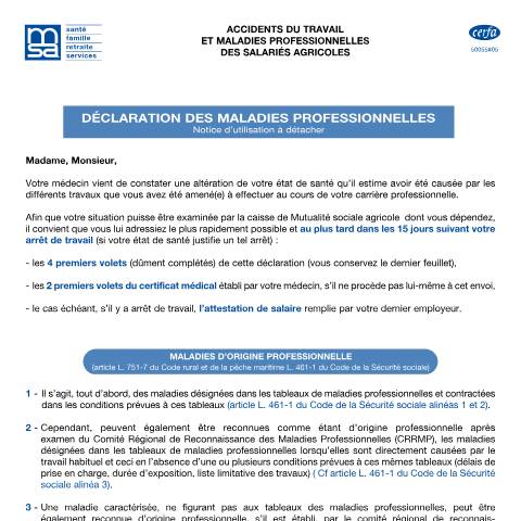 Aperçu du document Déclaration de maladie professionnelle pour les salariés agricoles — Particuliers, France (CERFA n°10131*05)
